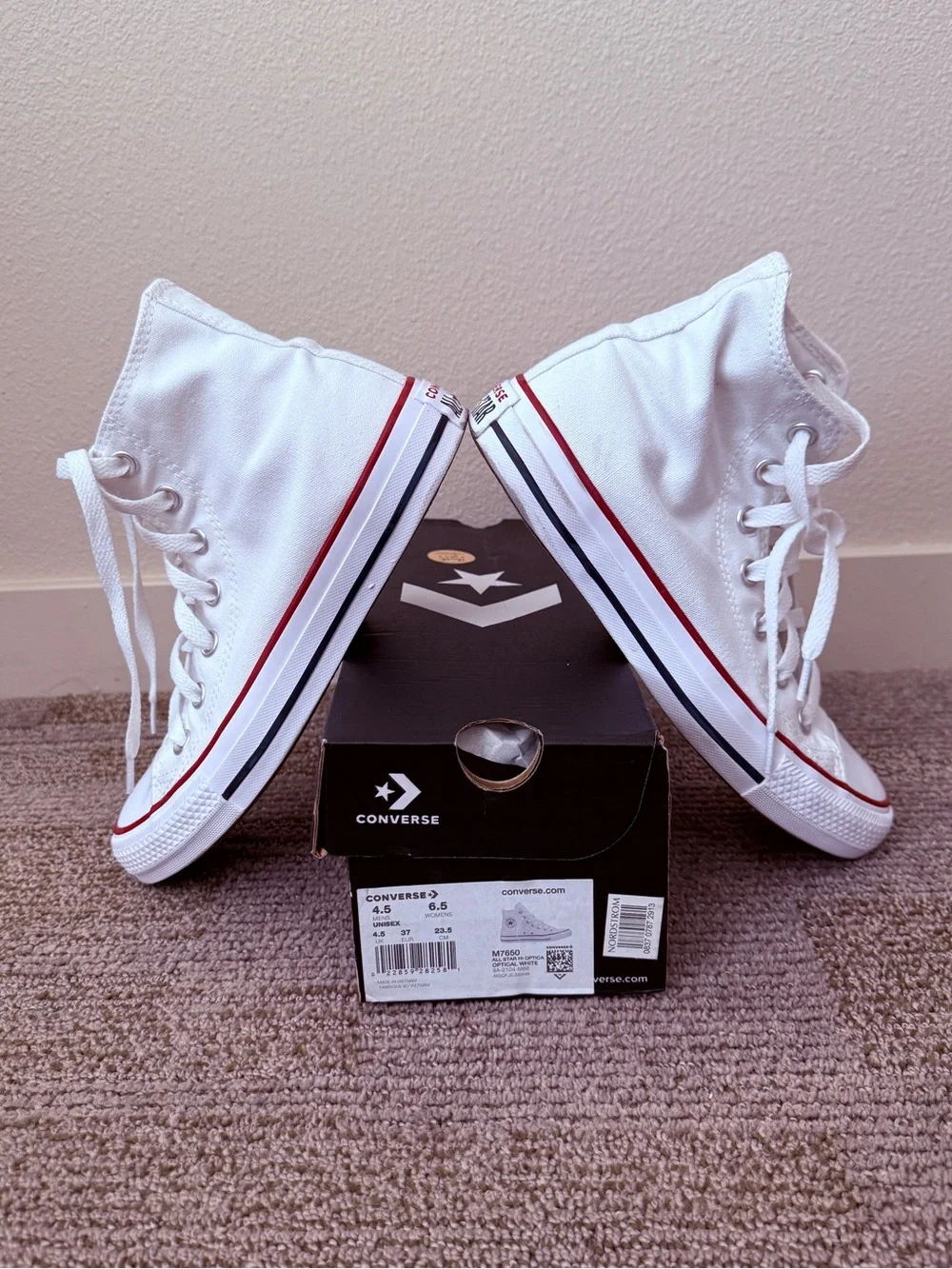 Converse All Star High Top Sneakers in White with Red & Navy Accents - Picture 3 of 8